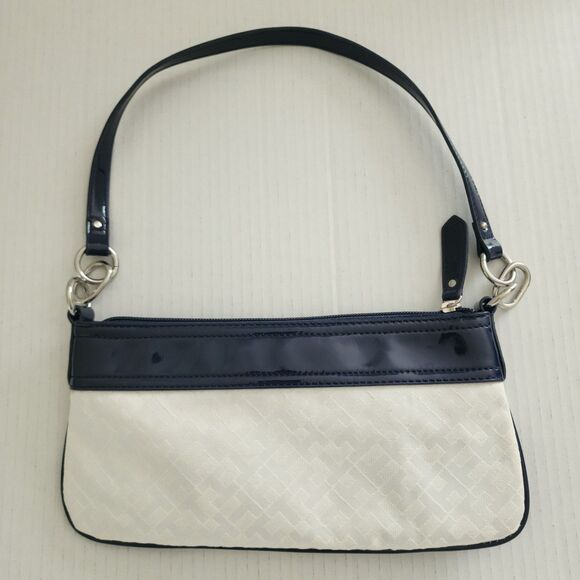 Tommy Hilfiger Womens Monogram Logo Mini Purse Bag Ivory Navy Blue Faux Leather - Picture 4 of 11
